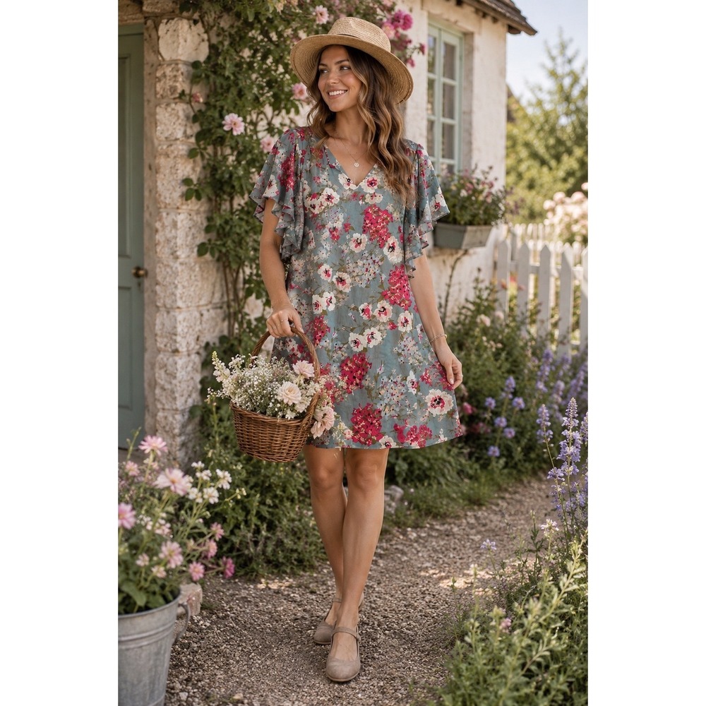 Umgee Blue Floral Flutter Sleeve V-Neck Mini Shift Dress Womens Medium - Picture 3 of 7